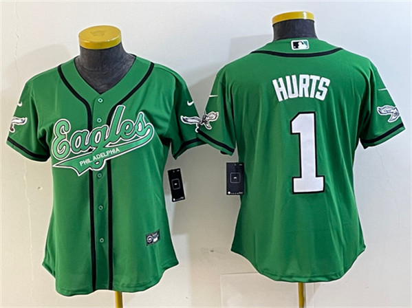Youth Philadelphia Eagles #1 Jalen Hurts Green Cool Base Stitched Baseball Jersey